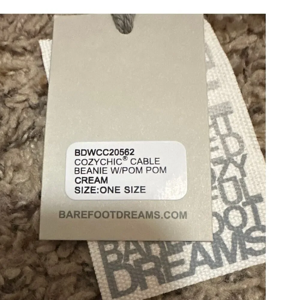 Barefoot Dreams CozyChic Cable Beanie Hat Pom Pom Cream White Womens One Size